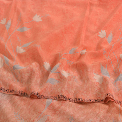 Sanskriti Vintage Sarees Peach Pure Crepe Silk Printed Sari 5yd SoftCraft Fabric