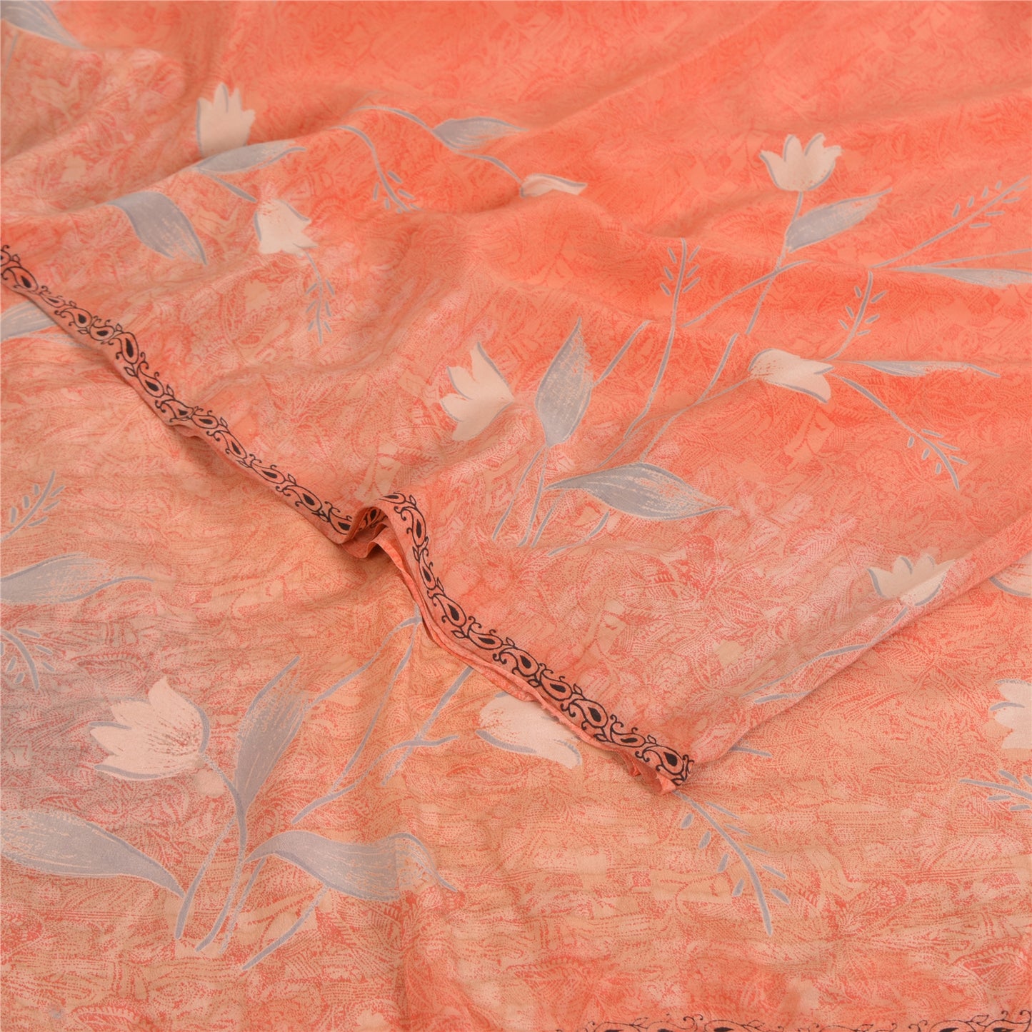 Sanskriti Vintage Sarees Peach Pure Crepe Silk Printed Sari 5yd SoftCraft Fabric