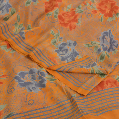 Sanskriti Vintage Sarees Saffron Pure Crepe Silk Printed Sari 5yd Craft Fabric