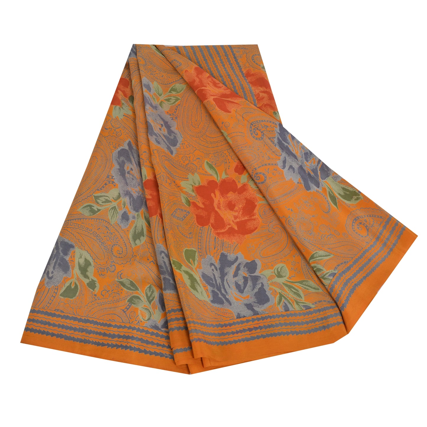 Sanskriti Vintage Sarees Saffron Pure Crepe Silk Printed Sari 5yd Craft Fabric