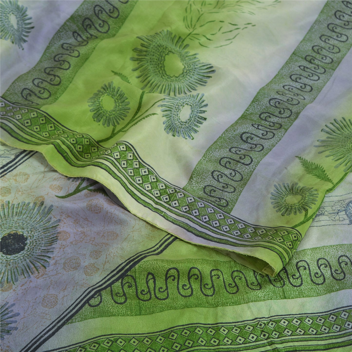 Sanskriti Vintage Sarees Green/Purple Pure Crepe Silk Printed Sari 5yd Fabric