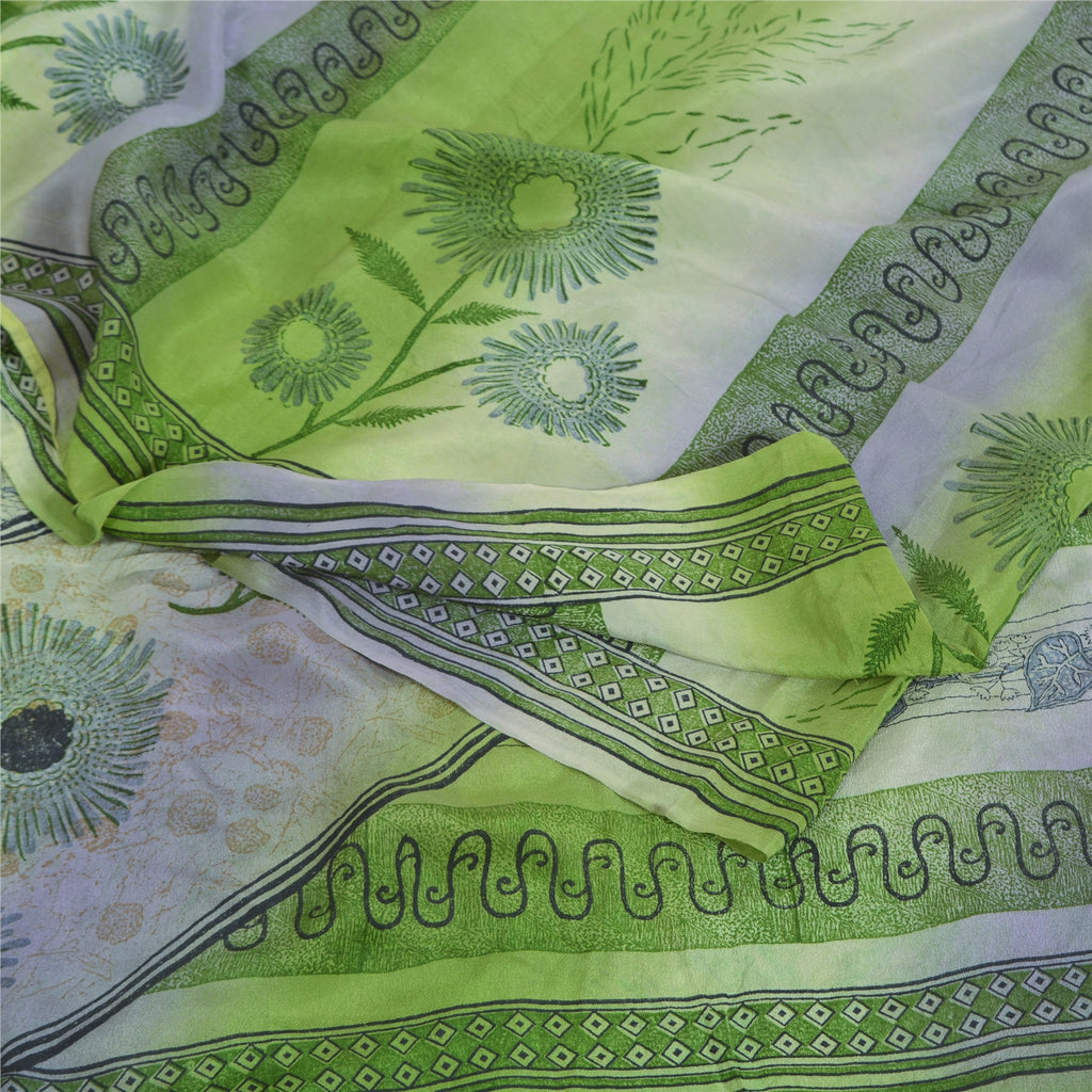 Sanskriti Vintage Sarees Green/Purple Pure Crepe Silk Printed Sari 5yd Fabric