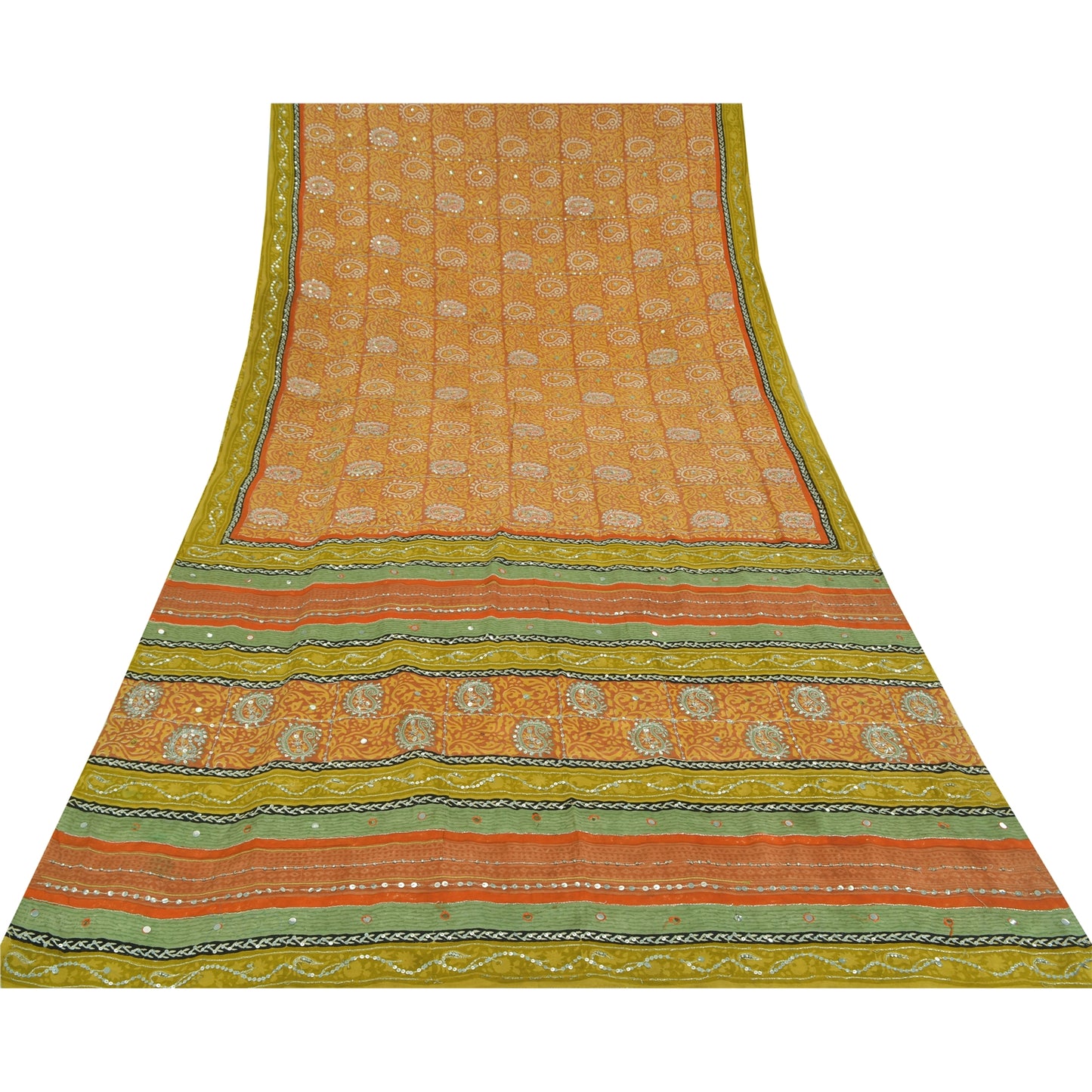 Sanskriti Vintage Sarees Orange Pure Crepe Hand Bead Sequins Printed Sari Fabric