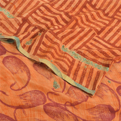 Sanskriti Vintage Sarees Orange Pure Crepe Silk Printed Sari 5yd Craft Fabric