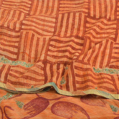 Sanskriti Vintage Sarees Orange Pure Crepe Silk Printed Sari 5yd Craft Fabric