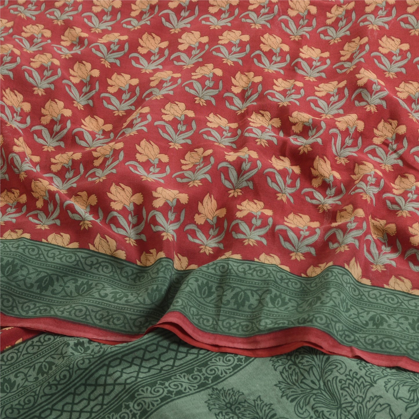 Sanskriti Vintage Sarees Red/Green Pure Crepe Silk Printed Sari 5yd Craft Fabric