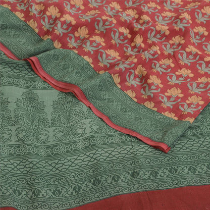 Sanskriti Vintage Sarees Red/Green Pure Crepe Silk Printed Sari 5yd Craft Fabric