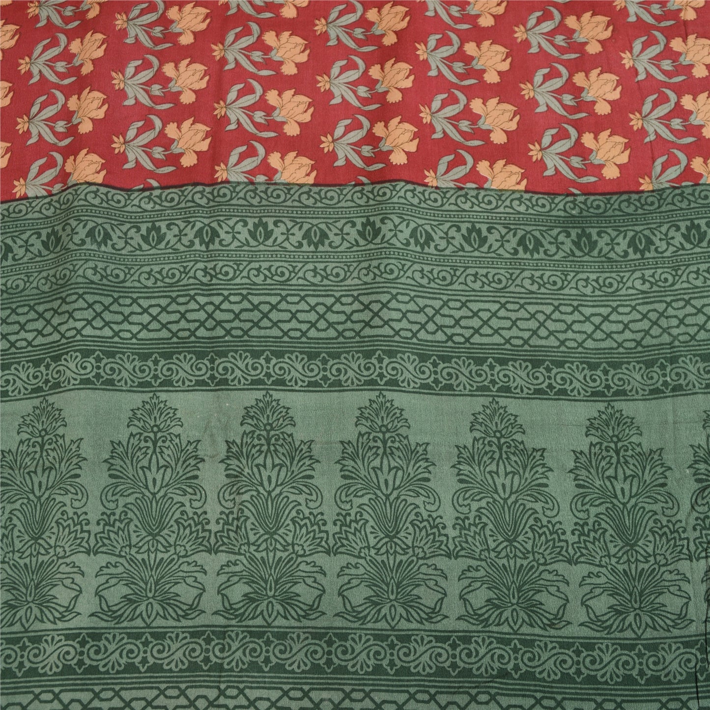 Sanskriti Vintage Sarees Red/Green Pure Crepe Silk Printed Sari 5yd Craft Fabric