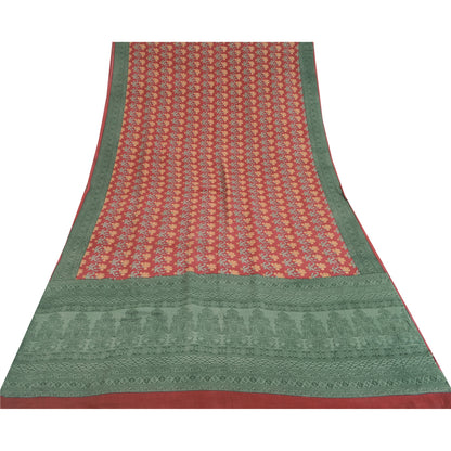 Sanskriti Vintage Sarees Red/Green Pure Crepe Silk Printed Sari 5yd Craft Fabric