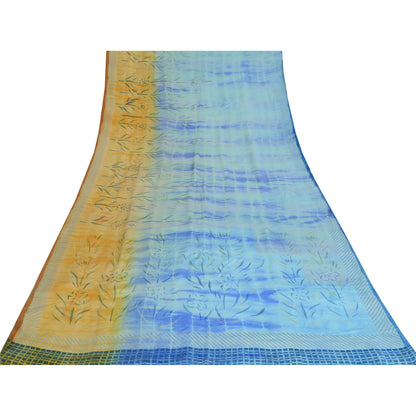 Sanskriti Vintage Sarees Blue Pure Crepe Tie-Dye Printed Sari 6yd Craft Fabric