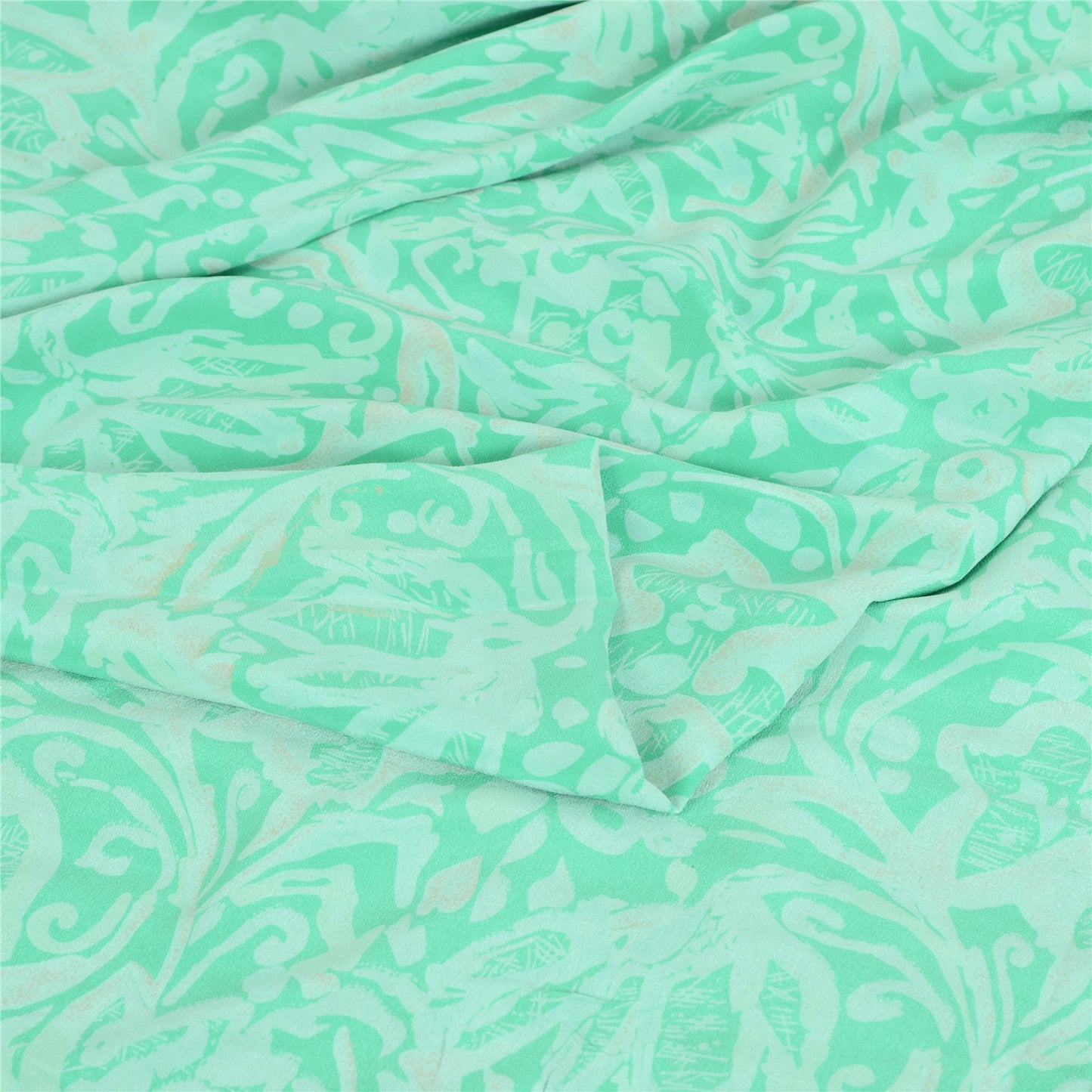 Sanskriti Vintage Sarees Sea-Green Pure Crepe Silk Printed Sari 5yd Craft Fabric