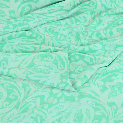 Sanskriti Vintage Sarees Sea-Green Pure Crepe Silk Printed Sari 5yd Craft Fabric