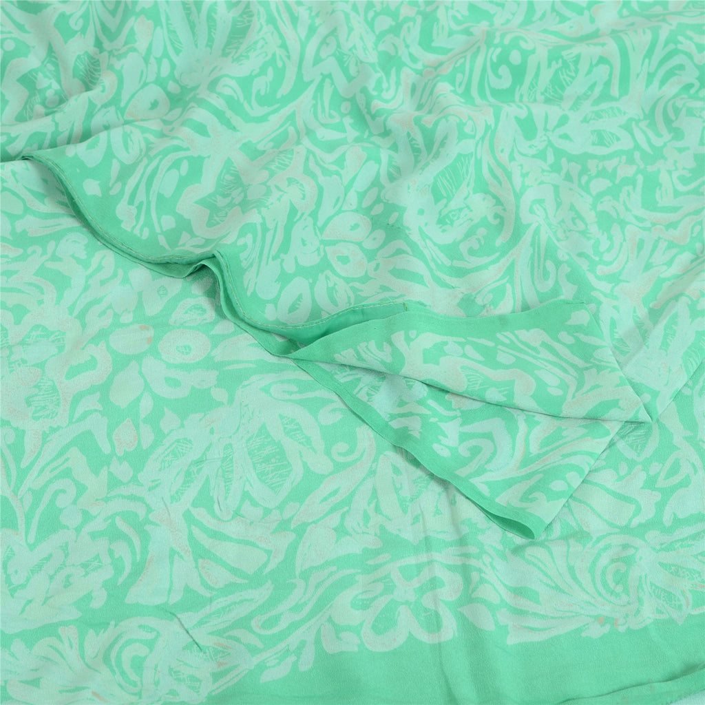 Sanskriti Vintage Sarees Sea-Green Pure Crepe Silk Printed Sari 5yd Craft Fabric