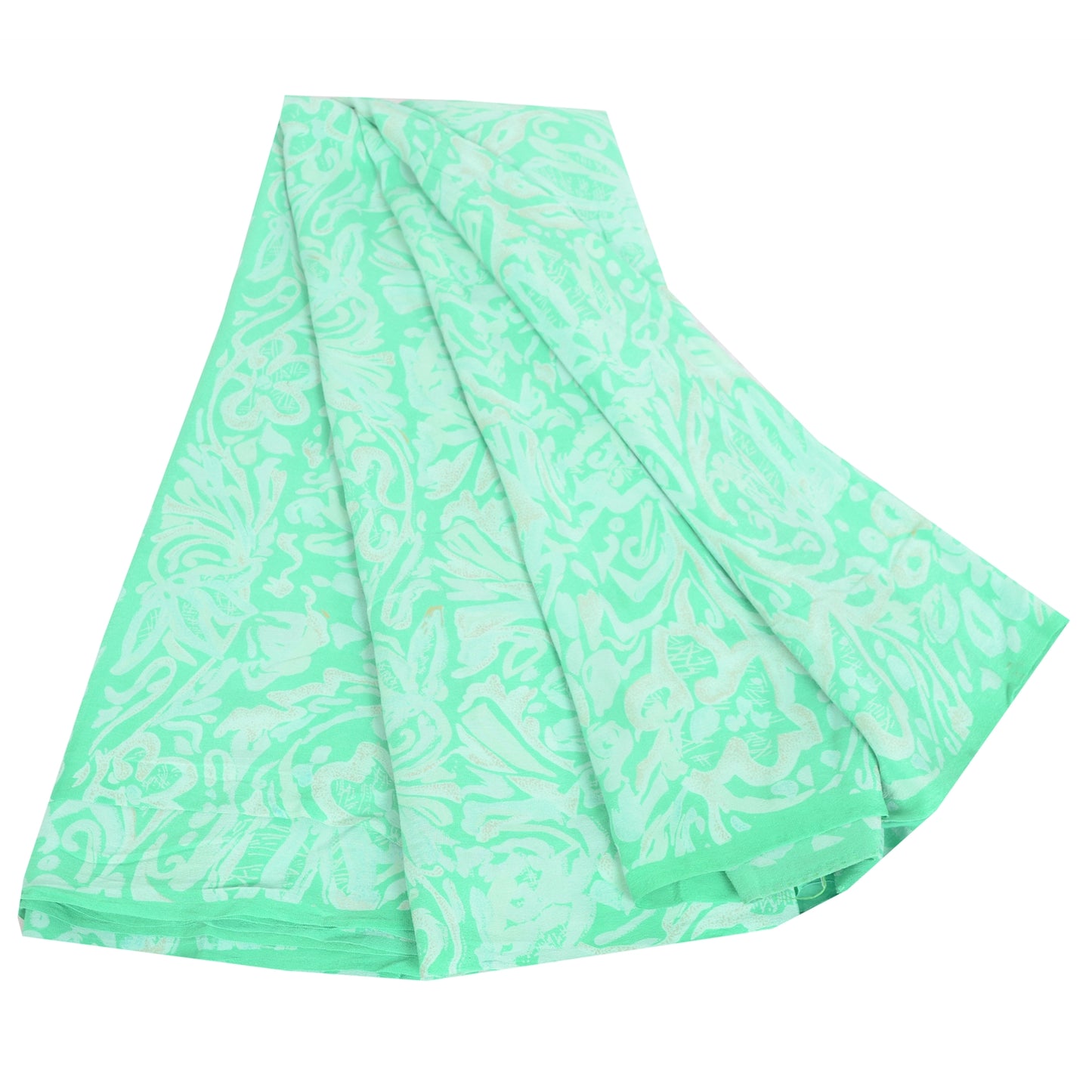 Sanskriti Vintage Sarees Sea-Green Pure Crepe Silk Printed Sari 5yd Craft Fabric