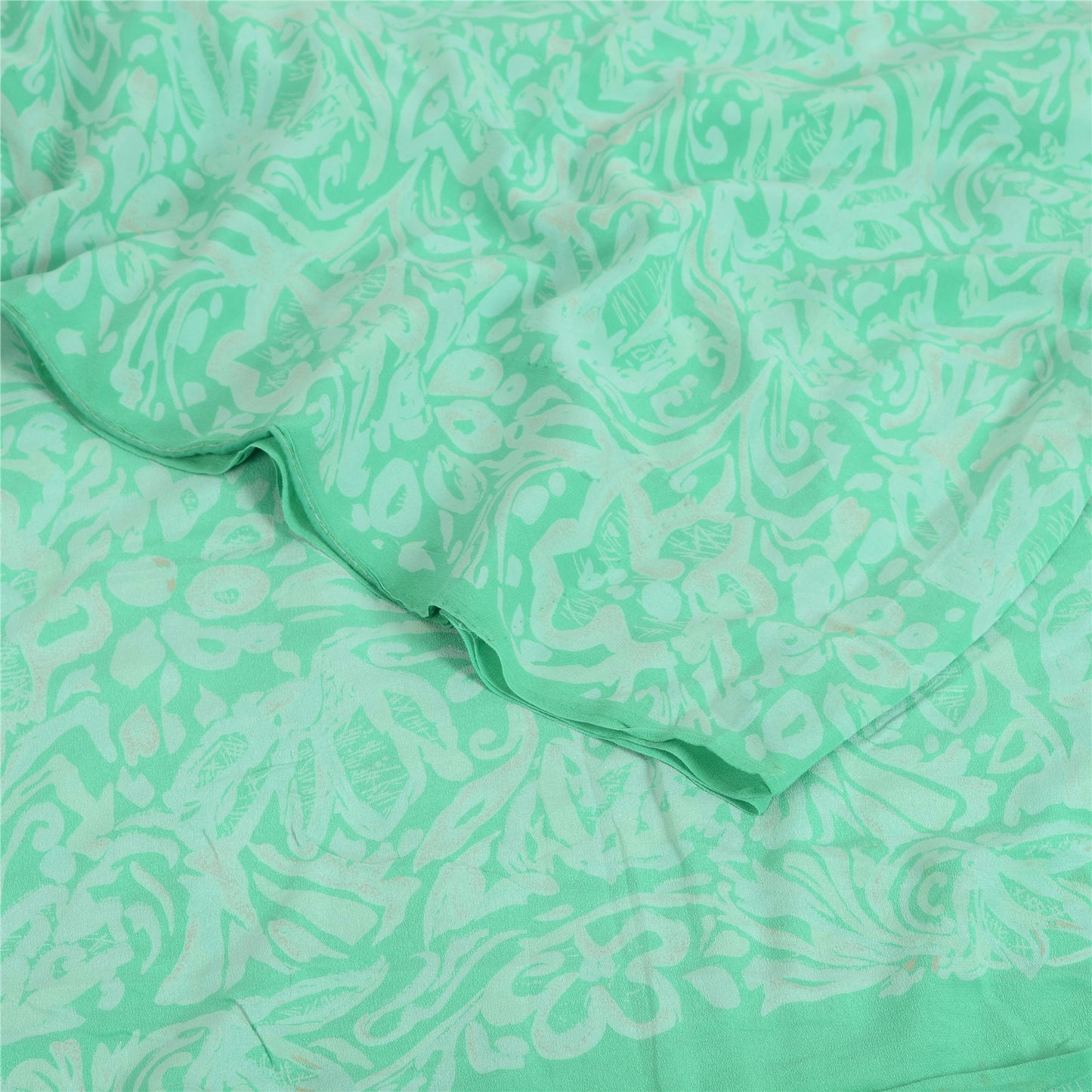 Sanskriti Vintage Sarees Sea-Green Pure Crepe Silk Printed Sari 5yd Craft Fabric