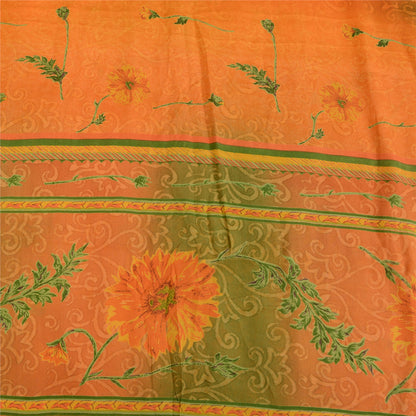 Sanskriti Vintage Sarees Orange/Green Pure Crepe Silk Printed Sari Craft Fabric