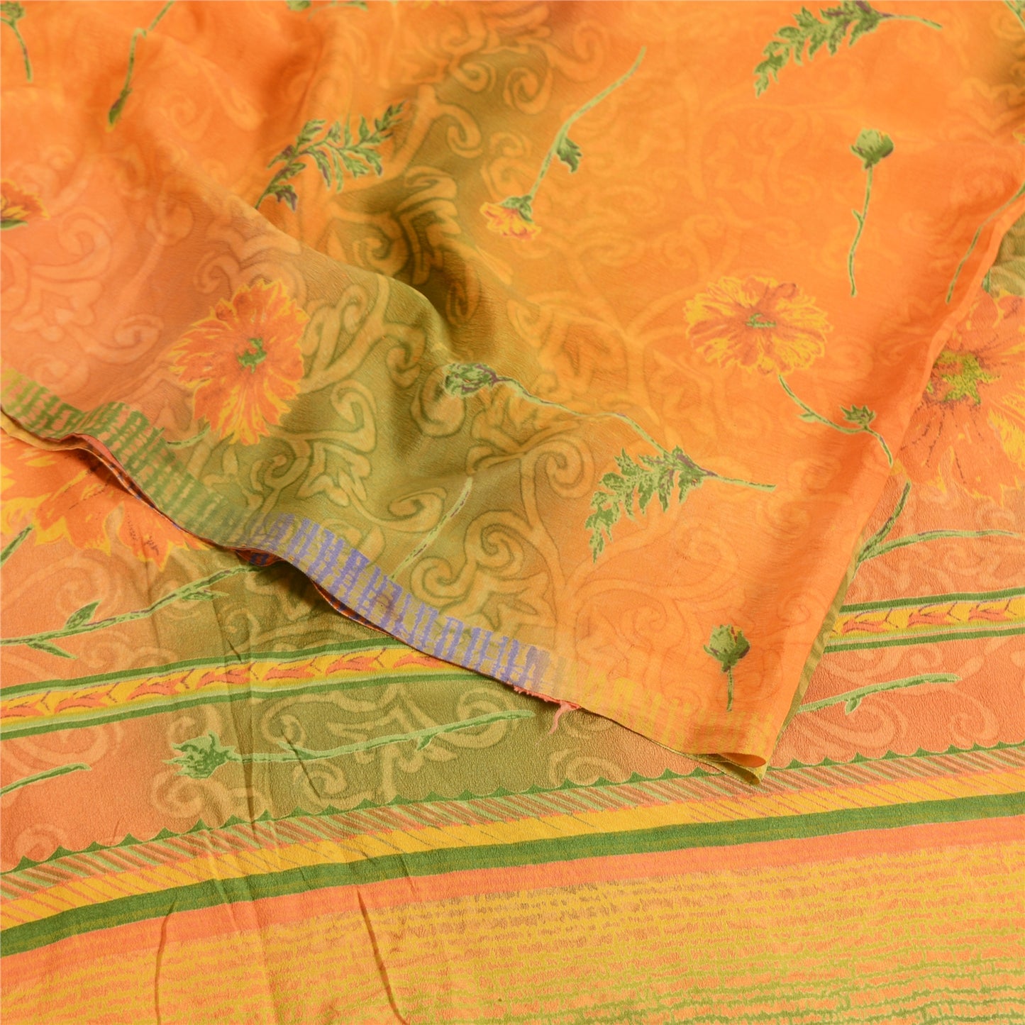 Sanskriti Vintage Sarees Orange/Green Pure Crepe Silk Printed Sari Craft Fabric