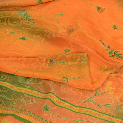 Sanskriti Vintage Sarees Orange/Green Pure Crepe Silk Printed Sari Craft Fabric