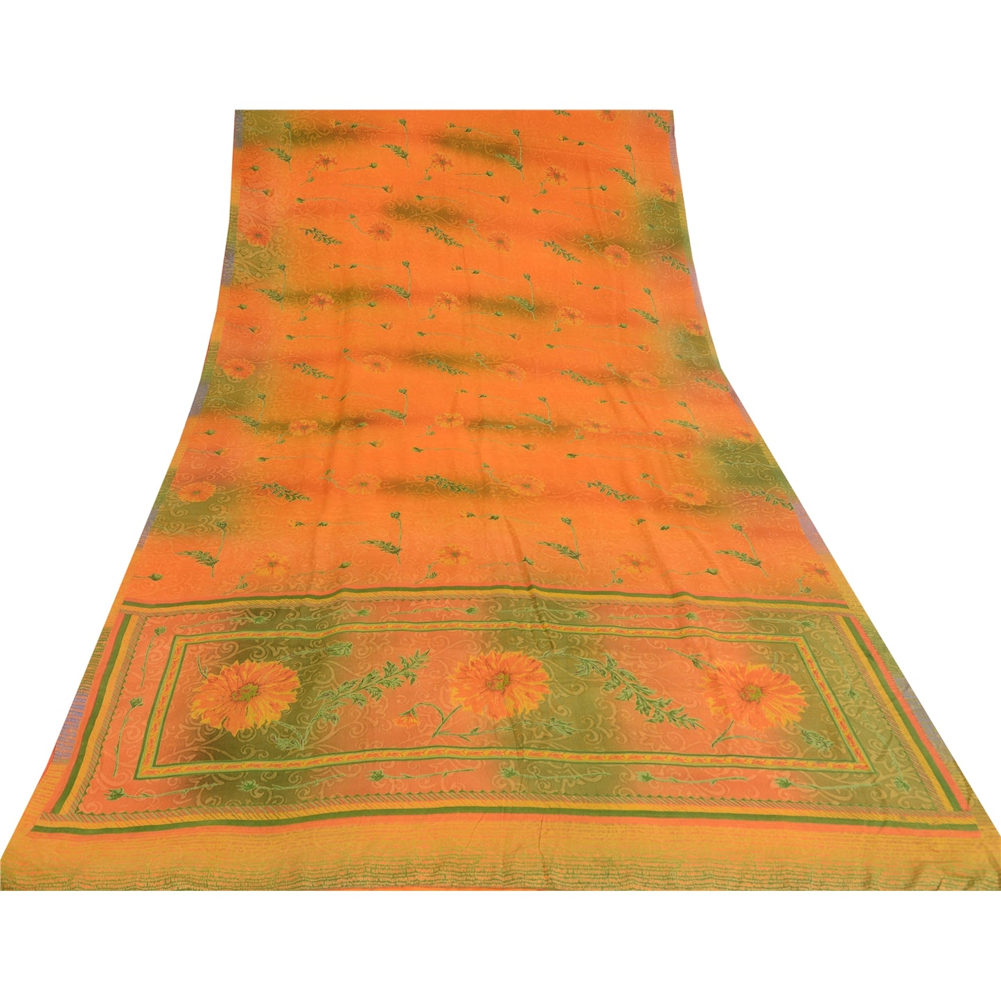 Sanskriti Vintage Sarees Orange/Green Pure Crepe Silk Printed Sari Craft Fabric