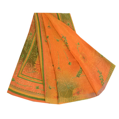 Sanskriti Vintage Sarees Orange/Green Pure Crepe Silk Printed Sari Craft Fabric