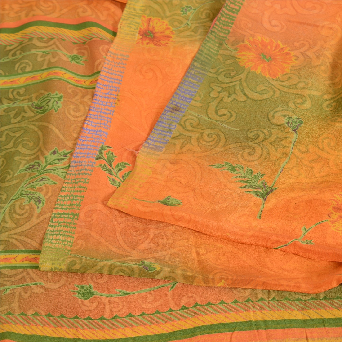 Sanskriti Vintage Sarees Orange/Green Pure Crepe Silk Printed Sari Craft Fabric