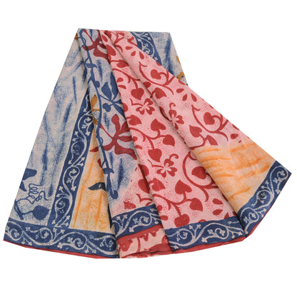 Sanskriti Vintage Sarees Red/Blue Pure Crepe Silk Printed Sari 5yd Craft Fabric