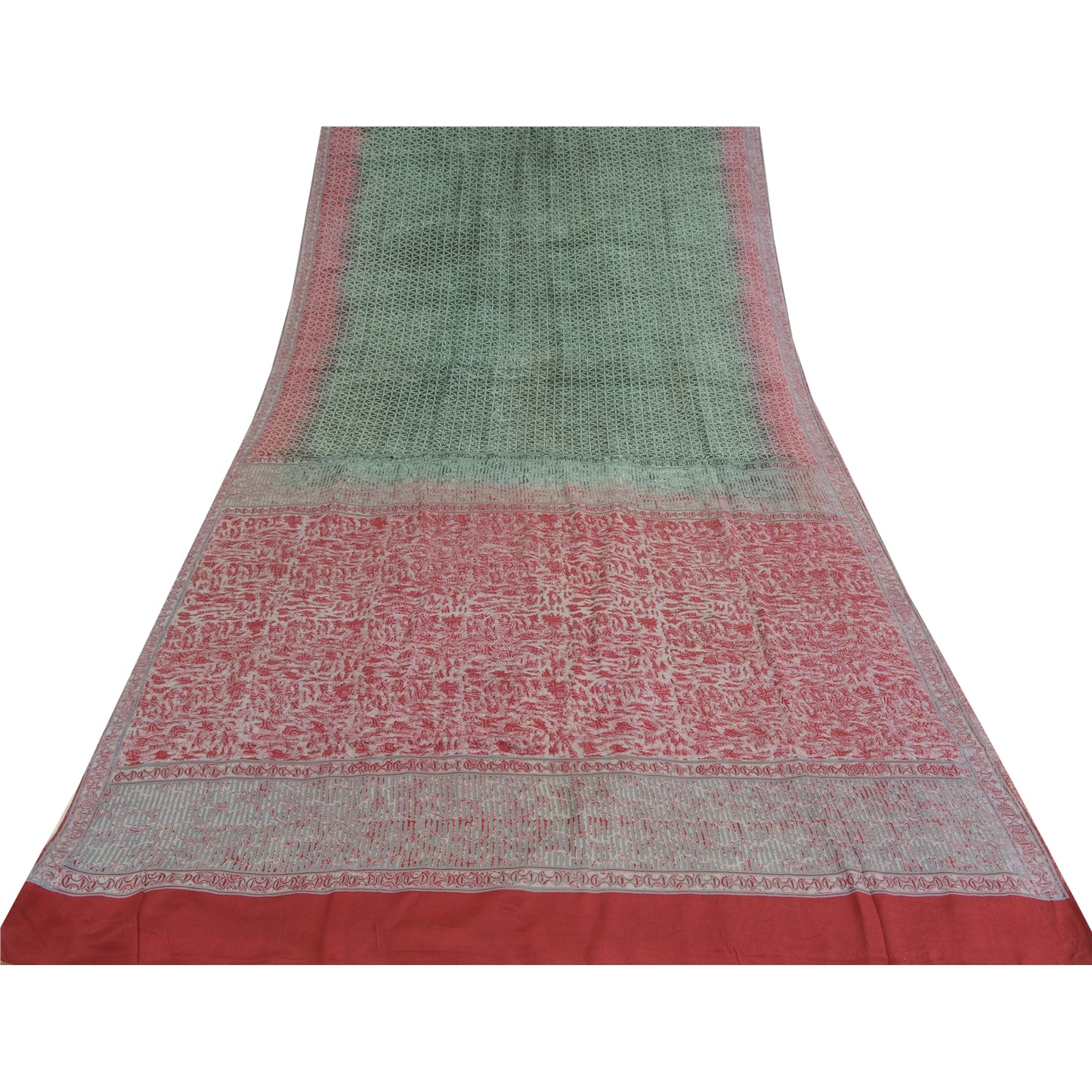 Sanskriti Vintage Sarees Green/Red Pure Crepe Silk Printed Sari 6yd Craft Fabric