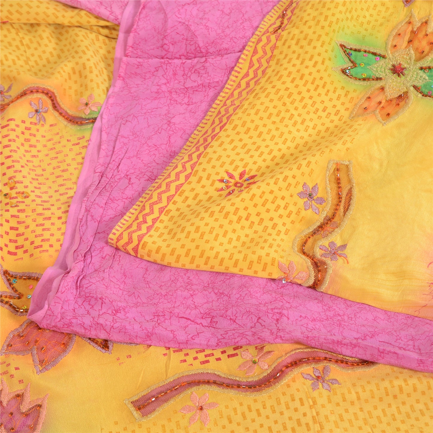 Sanskriti Vintage Sarees Yellow/Pink Pure Crepe Hand Beads Print Sari 5yd Fabric