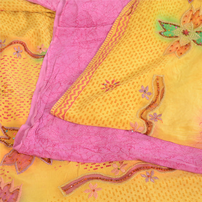 Sanskriti Vintage Sarees Yellow/Pink Pure Crepe Hand Beads Print Sari 5yd Fabric