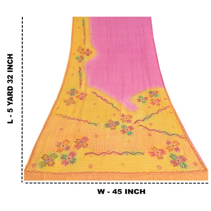 Sanskriti Vintage Sarees Yellow/Pink Pure Crepe Hand Beads Print Sari 5yd Fabric