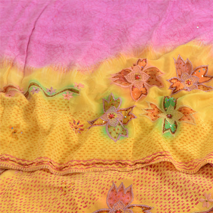 Sanskriti Vintage Sarees Yellow/Pink Pure Crepe Hand Beads Print Sari 5yd Fabric