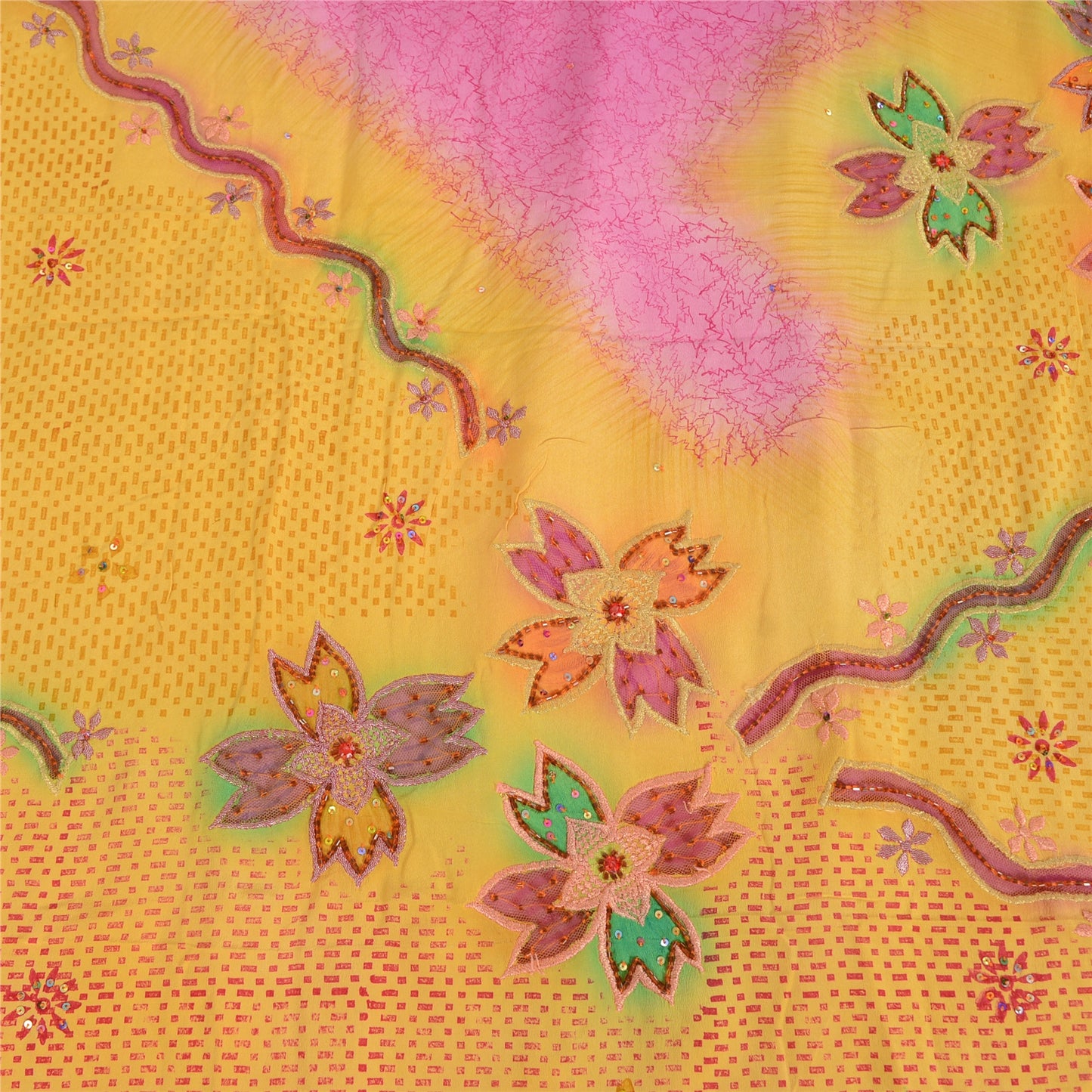 Sanskriti Vintage Sarees Yellow/Pink Pure Crepe Hand Beads Print Sari 5yd Fabric