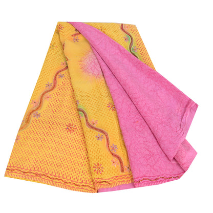 Sanskriti Vintage Sarees Yellow/Pink Pure Crepe Hand Beads Print Sari 5yd Fabric