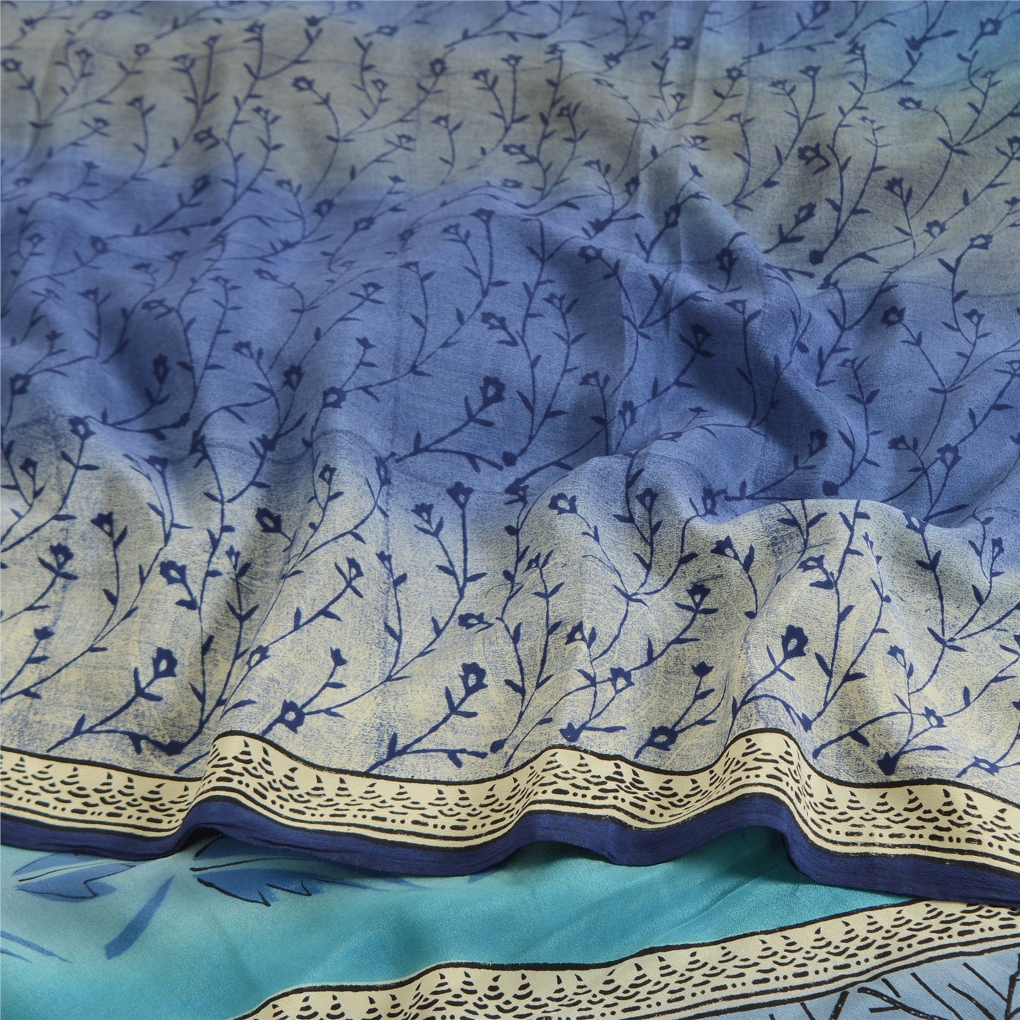 Sanskriti Vintage Sarees Blue/Ivory Pure Crepe Silk Print Sari 5yd Craft Fabric