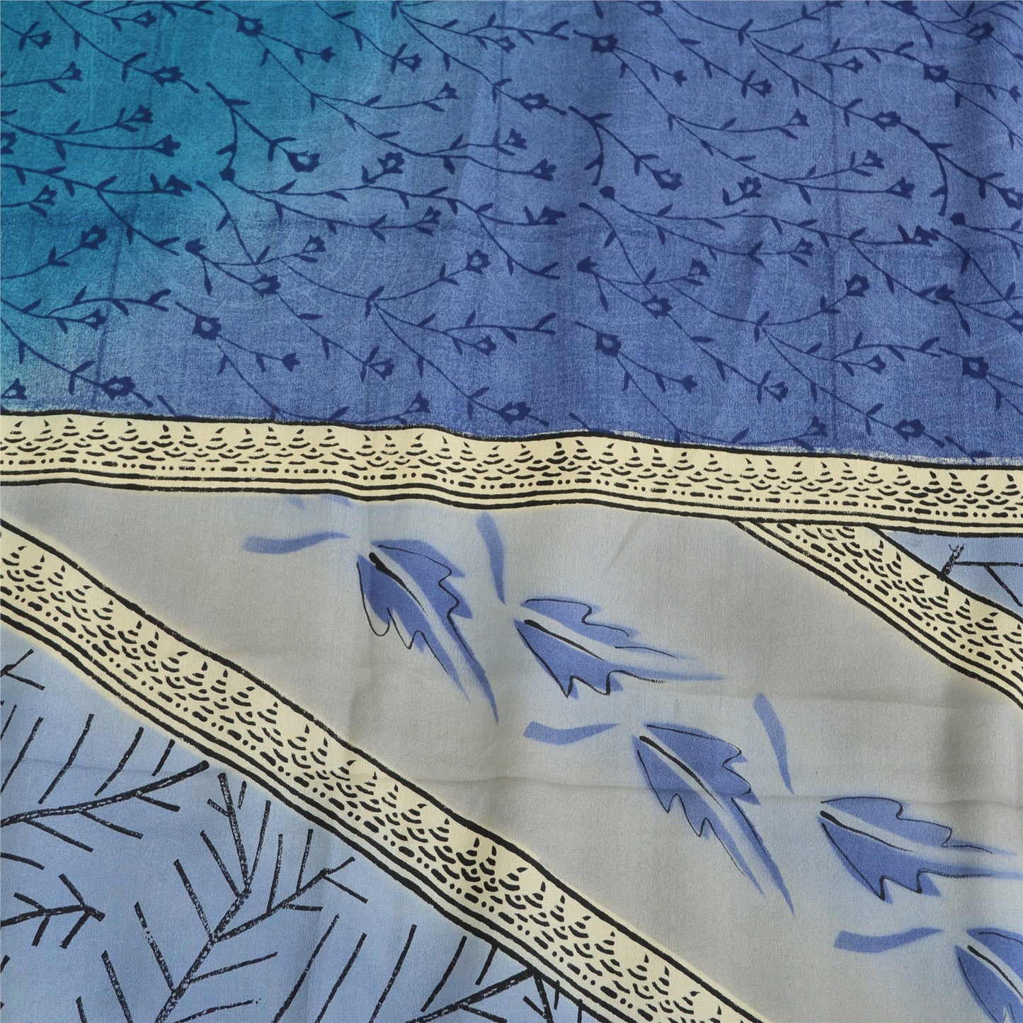 Sanskriti Vintage Sarees Blue/Ivory Pure Crepe Silk Print Sari 5yd Craft Fabric