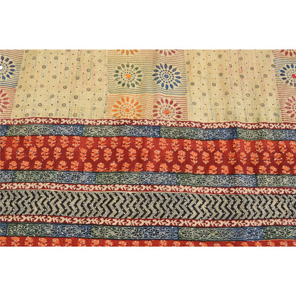 Sanskriti Vintage Sarees Cream Hand Beads Pure Crepe Print Sari 5yd Craft Fabric