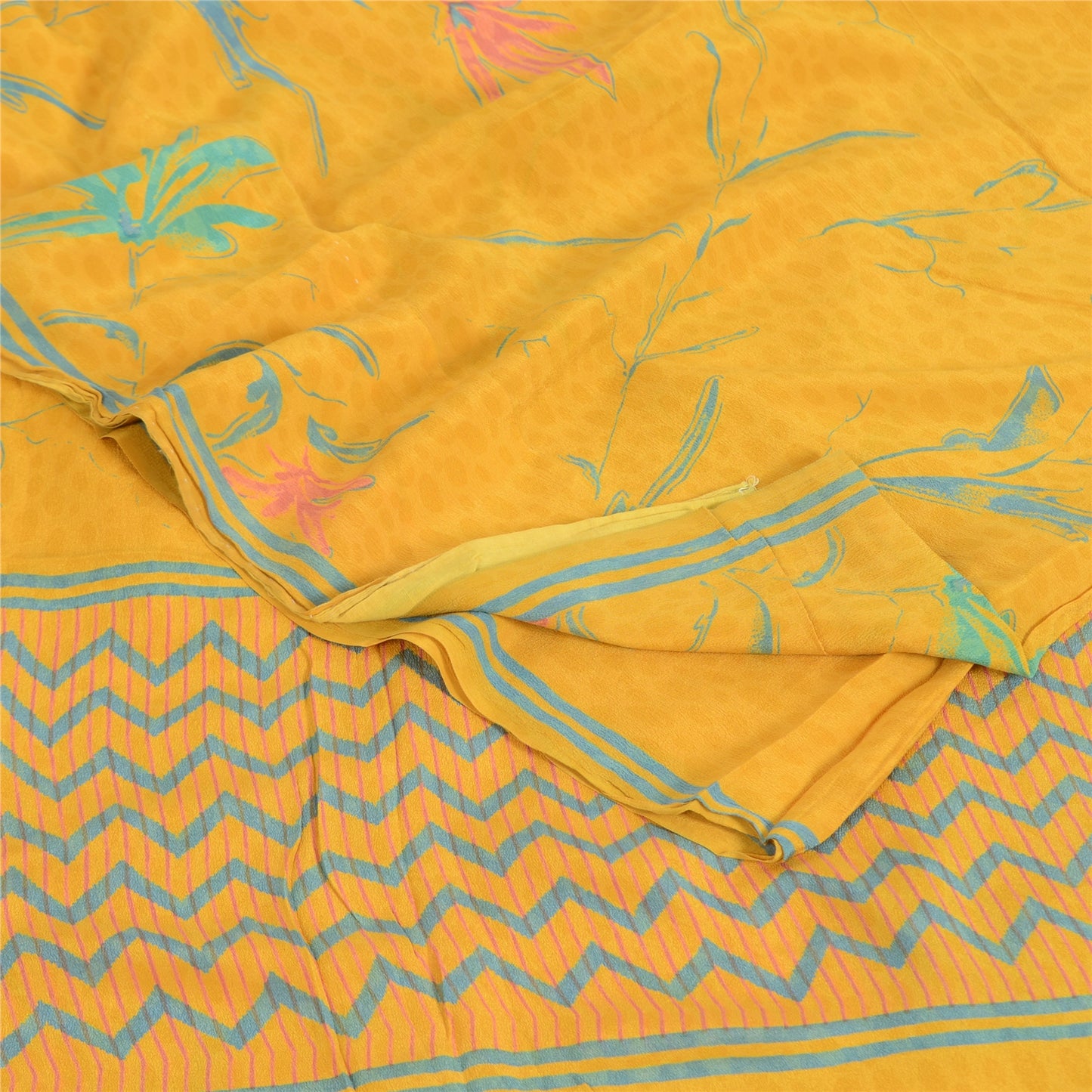 Sanskriti Vintage Sarees Yellow Pure Crepe Silk Printed Sari 5yd Craft Fabric