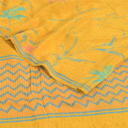 Sanskriti Vintage Sarees Yellow Pure Crepe Silk Printed Sari 5yd Craft Fabric