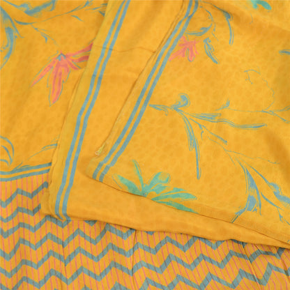 Sanskriti Vintage Sarees Yellow Pure Crepe Silk Printed Sari 5yd Craft Fabric