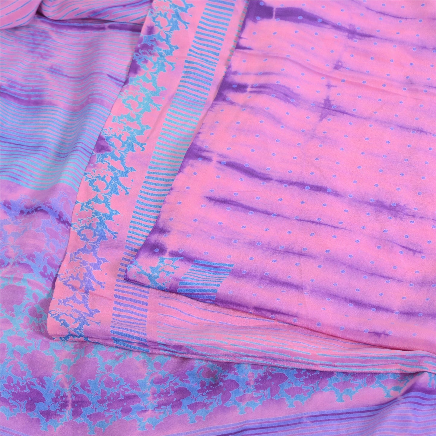 Sanskriti Vintage Sarees Purple Tie-Dye Pure Crepe Silk Sari 5yd Craft Fabric