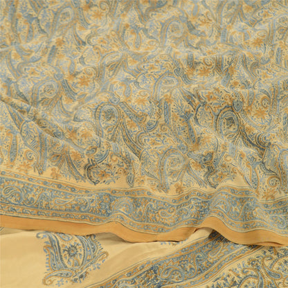 Sanskriti Vintage Sarees Pale-Yellow Pure Crepe Silk Print Sari 6yd Craft Fabric