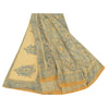 Sanskriti Vintage Sarees Pale-Yellow Pure Crepe Silk Print Sari 6yd Craft Fabric