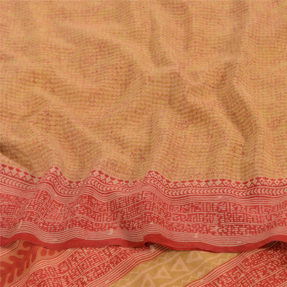 Sanskriti Vintage Sarees Beige/Red Pure Crepe Silk Printed Sari 5yd Craft Fabric