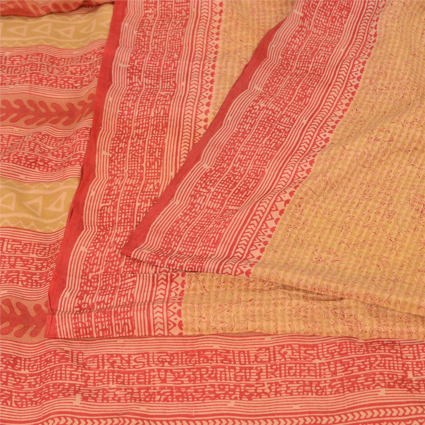 Sanskriti Vintage Sarees Beige/Red Pure Crepe Silk Printed Sari 5yd Craft Fabric