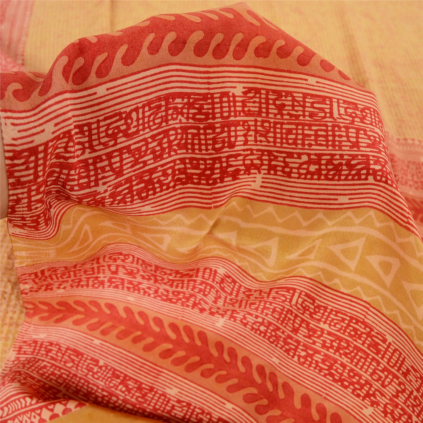 Sanskriti Vintage Sarees Beige/Red Pure Crepe Silk Printed Sari 5yd Craft Fabric