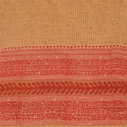 Sanskriti Vintage Sarees Beige/Red Pure Crepe Silk Printed Sari 5yd Craft Fabric