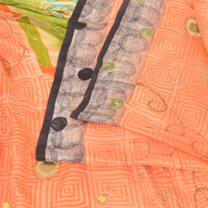 Sanskriti Vintage Sarees Green/Peach Hand Beads Pure Crepe Print Sari 5yd Fabric