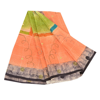 Sanskriti Vintage Sarees Green/Peach Hand Beads Pure Crepe Print Sari 5yd Fabric