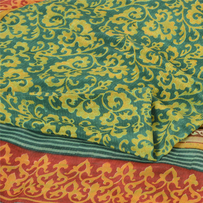 Sanskriti Vintage Sarees Green Pure Crepe Silk Printed Sari 5yd Craft Fabric