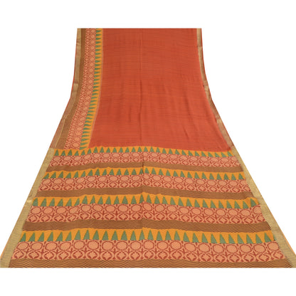 Sanskriti Vintage Sarees Orange Pure Crepe Silk Printed Sari 6yd Craft Fabric